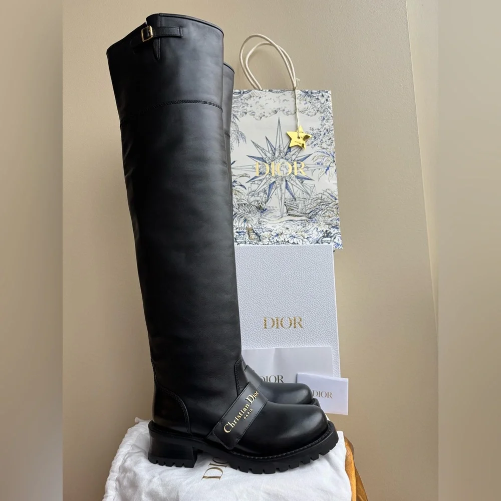 NWT Christian Dior D-Quest Thigh Black Leather Boots, size 37 (US 6-6.5) - Picture 3 of 17